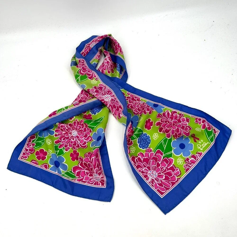 LILLY PULITZER *Flawed* Pink Blue Green Silk Floral Print Breast Cancer Scarf